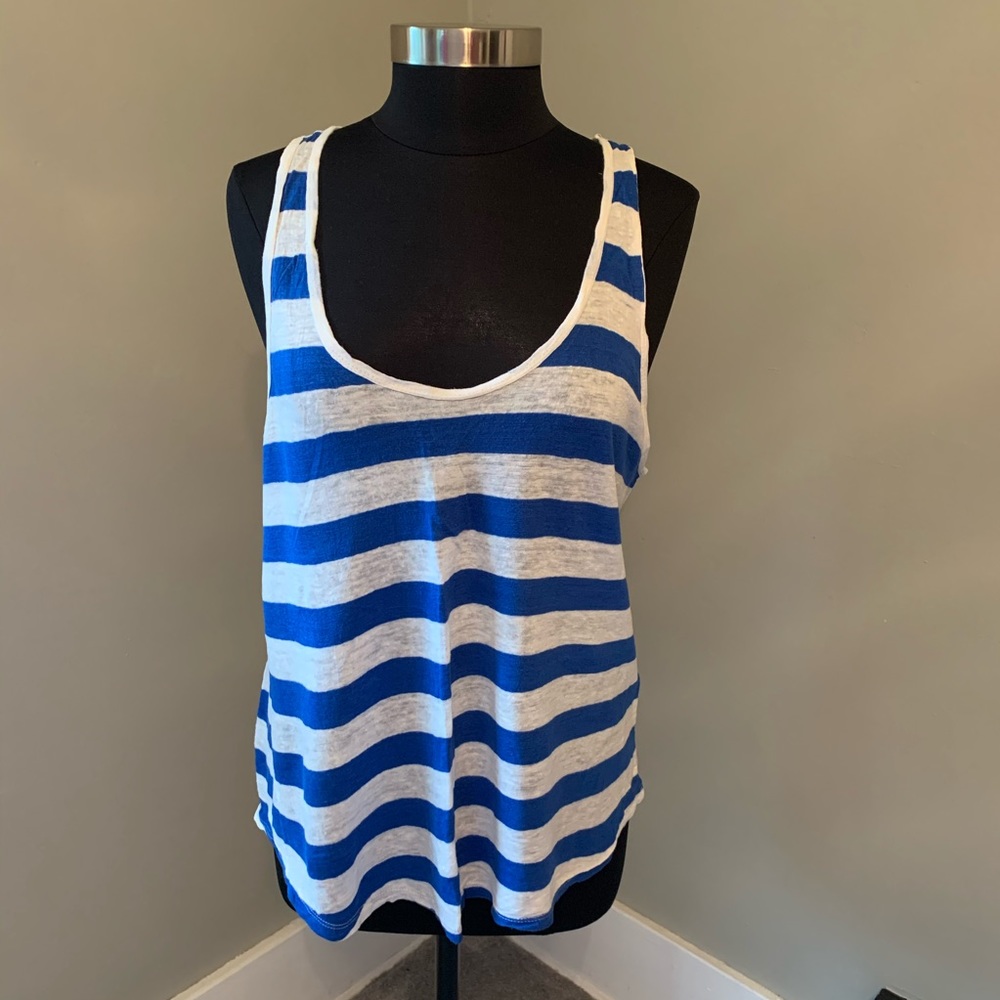 Linen White & Royal Blue Wide Stripe Loose Fitting Tank Top
